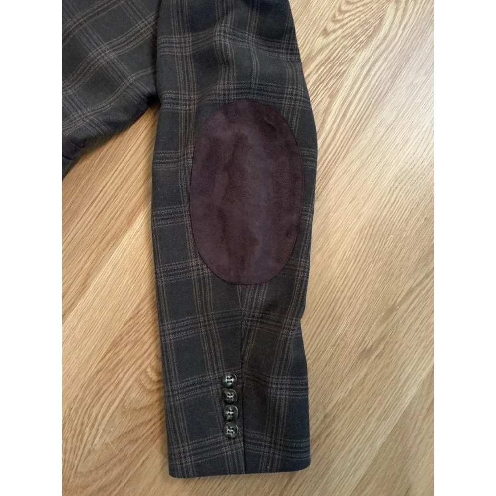 Gio Matto Wool Sport Coat 40R‎ Brown Plaid Blazer Suede Collar Elbow Patches